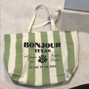 Green and Cream Sezane Striped Tote Bag